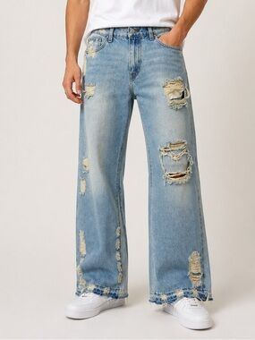 First Row Men’s Distressed Wide Leg Jeans NWT Size 32 Light Wash FRD3104 denim